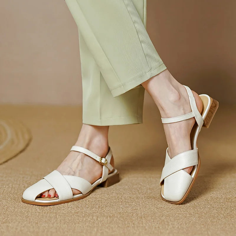 LBSFY  -  Women Sandals Office Ladies Casual Pumps Concise Fashion Genuine Leather Low Heels Basic Shoes Woman Summer 2024 New Arrival