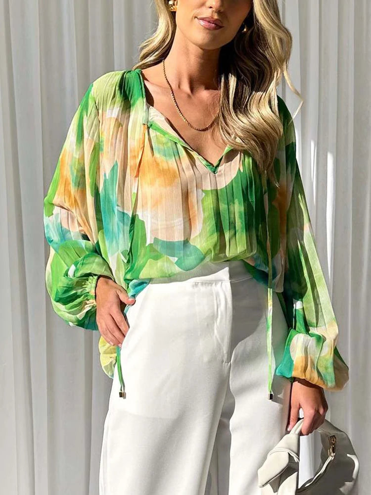 LBSFY  -   Print Blouse Women Pullover Long Sleeve Lace-up Loose Casual Vacation Shirts Blouse Tie-Dye Print