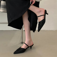 LBSFY  -Silk Sequin Rhinestone Decoration High Heels Muller Single Shoes Pointed Fine Heels Slippers Dress Banquet Female