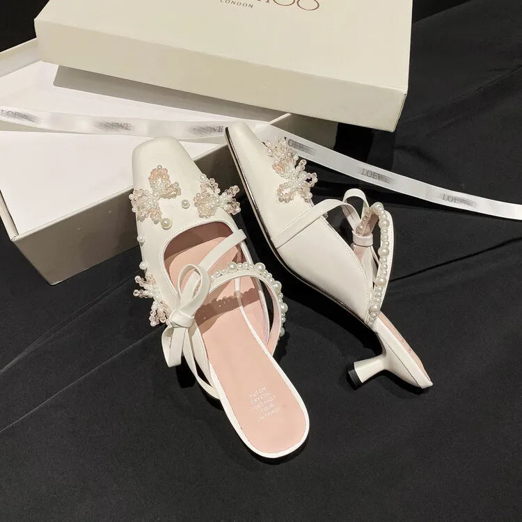 LBSFY  -  2024 Pearl Pink Ballet High Heels Pointed 5cm Slim Heel Skirt Outdoor Banquet Slippers 34-40 Bow Summer Birthday Party Sandals