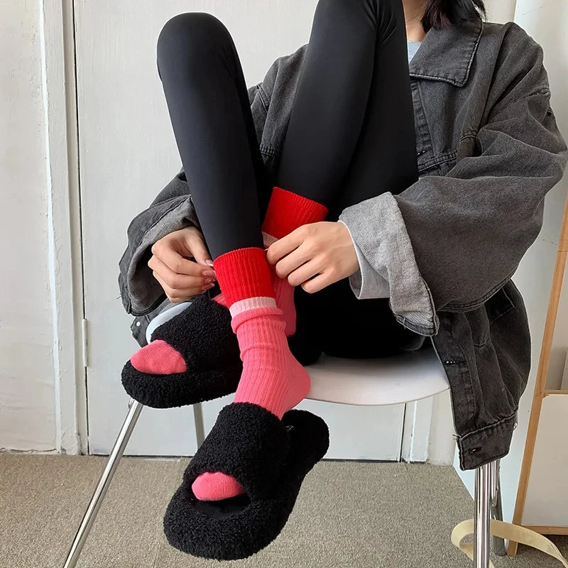 Lbsfy Fashionable and versatile Contrast colored socks women's high top pile up socks Korean version of spring/summer cotton socks