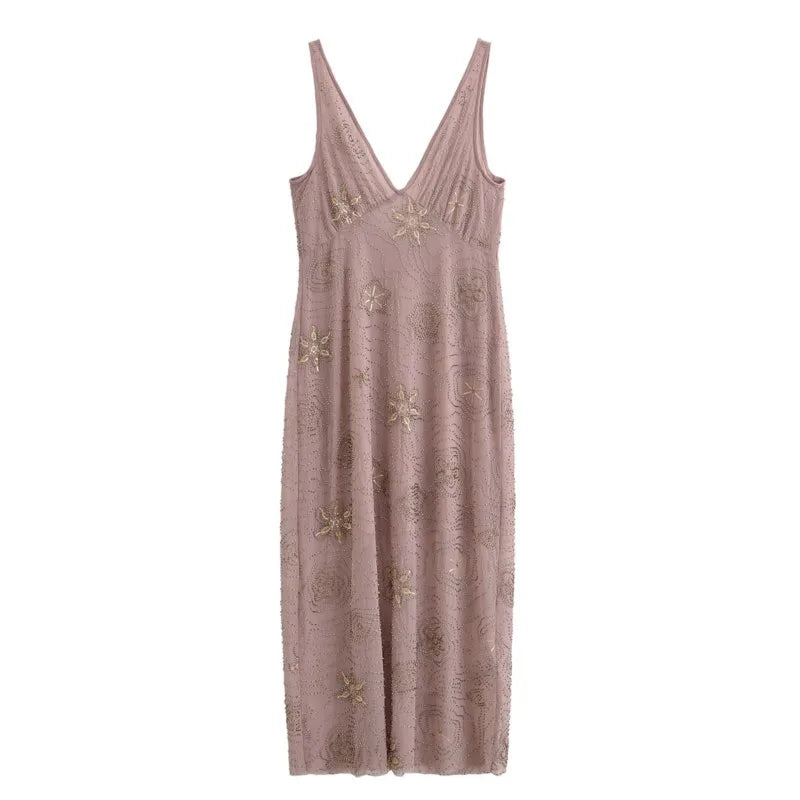 LBSFY -Sexy Backless V-neck Sleeveless Sequins Beading Long Dress Deep V-neck Holiday Women Dress  New Slim Fashion Party Vestidos