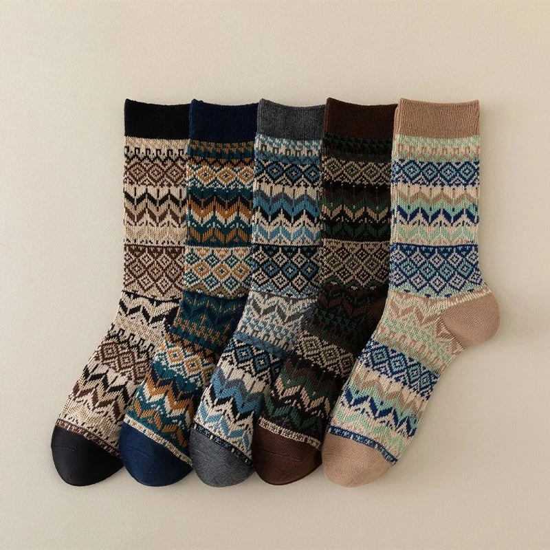 Lbsfy 10 Pairs Men's Cotton Crew Socks Retro Breathable and Sweat-absorbing Winter Sock Fair Style Ethnic Pattern Geometric Man Socks