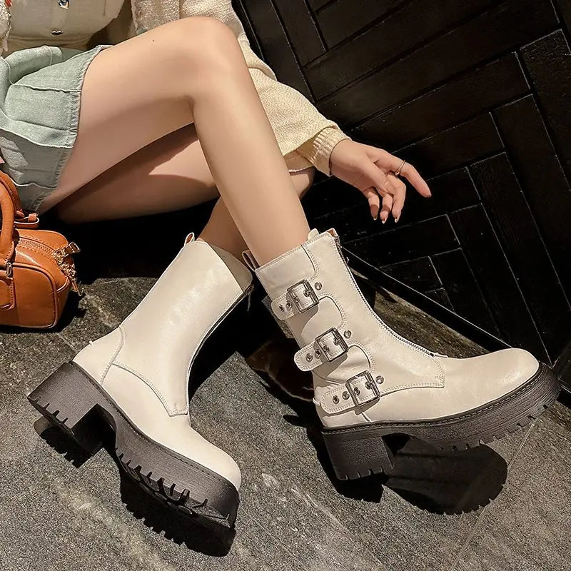 LBSFY  -  2025 New Women's Ankle Boots Buckle Zipper Square High Heels Motorcycle Boots Handmade Autumn Winter Ladies Shoes