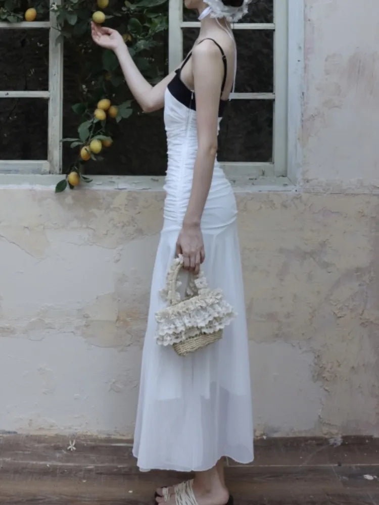 LBSFY -Woman Summer Elegant Vintage Sling Long Dresses Mesh Black And White Spaghetti Strap 2025 New Dresses Vacation Holiday Robe Chic