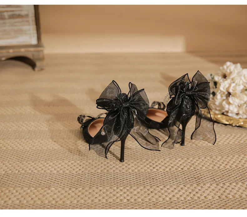 LBSFY  -  Size 34-40 Black High Heels Women's Stiletto Heel Pointed Pearls Buckle Bow Fashionable Thin Heel Party Dress Shoes