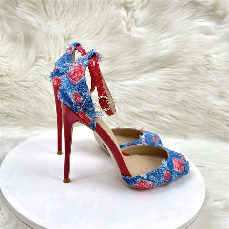 LBSFY  -  Sexy Designer Thin High Heels Women Round Toe Denim Striptease Party Banquet Shoes Height 12cm Hollow Luxury Brand Sandals Women