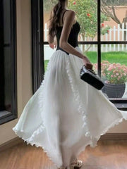 LBSFY -French Ruffle Pleated Elegant Fashion Evening Party Black White Women's Dresses Spliced A-Line Prom Spaghetti Strap Dress New