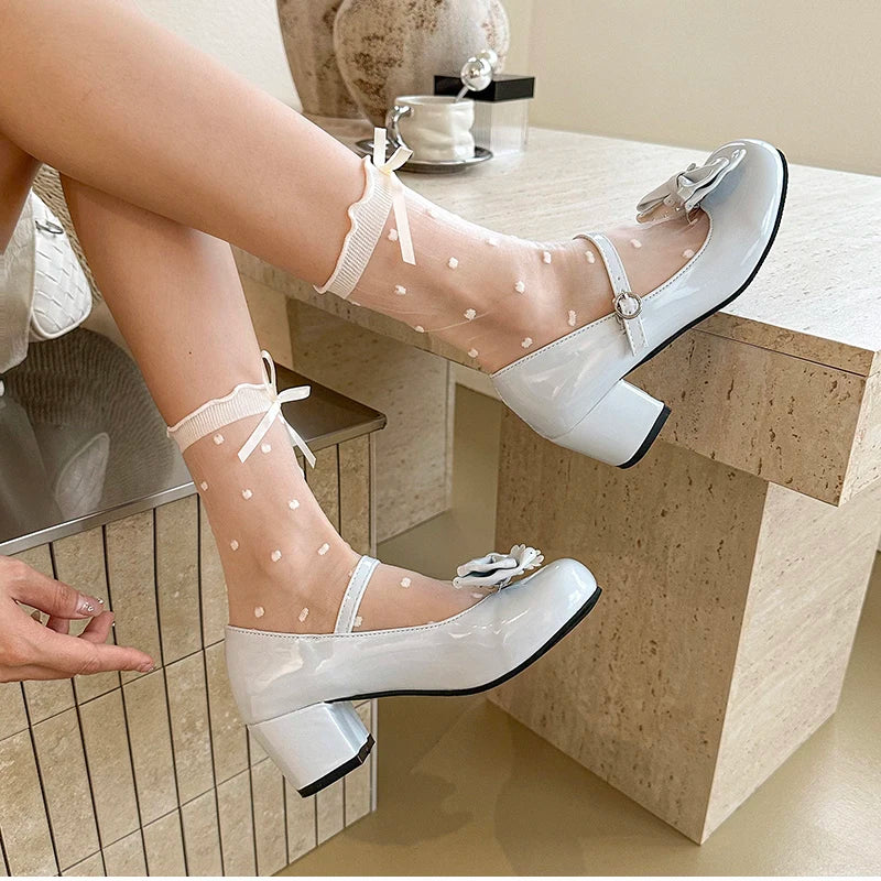 LBSFY -Cute Butterfly-knot Women Lolita Mary Jane Shoes Concise Thick Heel Leather Shoes Ladies Shallow Pumps