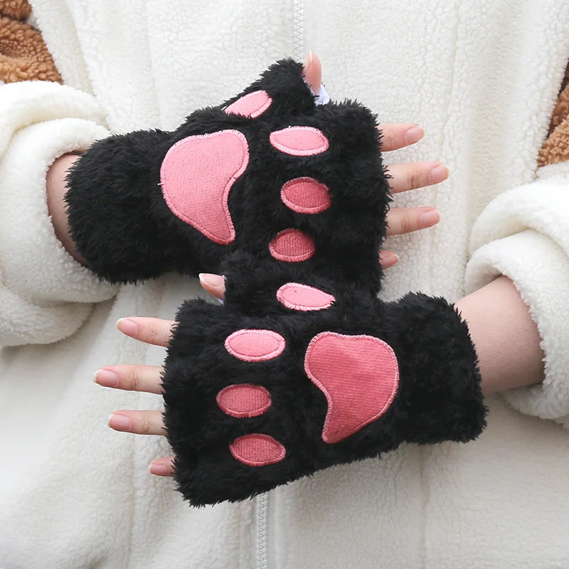 Lbsfy Cartoon Cat Paw Gloves Winter Cute Girl Open Finger Gloves Women Plush Warm Mittens Thickened Fluffy Bear Paw Half Finger Gloves