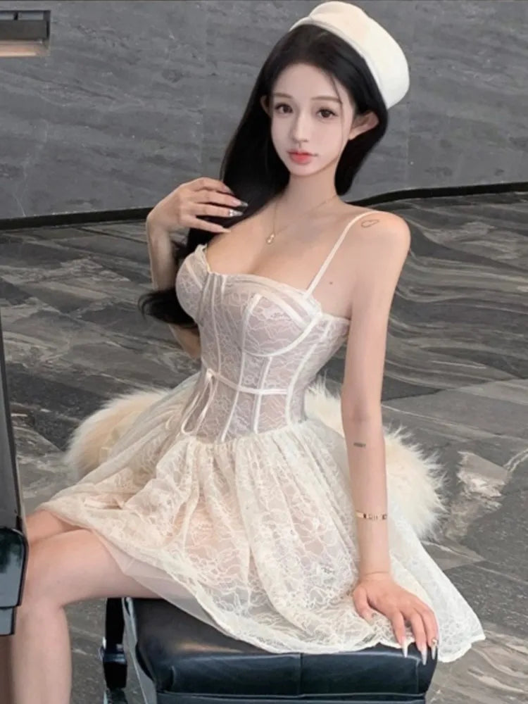 LBSFY -Y2K Sweet Lace Mini Dress Sexy Spaghetti Straps Lace-up A-Line Princess Birthday Party Dresses Female Prom Short Vestidos Mujer