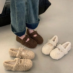LBSFY -New Style Fashion Women's Shearling Ballet Flats with Strap Warm Rabbit Fur Plush Lined Crystal Buckle Mary Jane Flat Shoes
