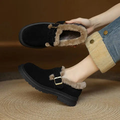 LBSFY  -  Plus Size 34-43 Cow Suede Leather Women's Loafers Buckle Slip On Winter Shoes Woman Vintage Mid Heels Dress Footwear