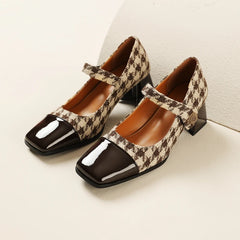 LBSFY  -   2024 New Women Retro Houndstooth Mary Janes Pumps Patent Leather Buckle Strap Block Thick Heeled Shoes Ladies Dress Spring 33-48