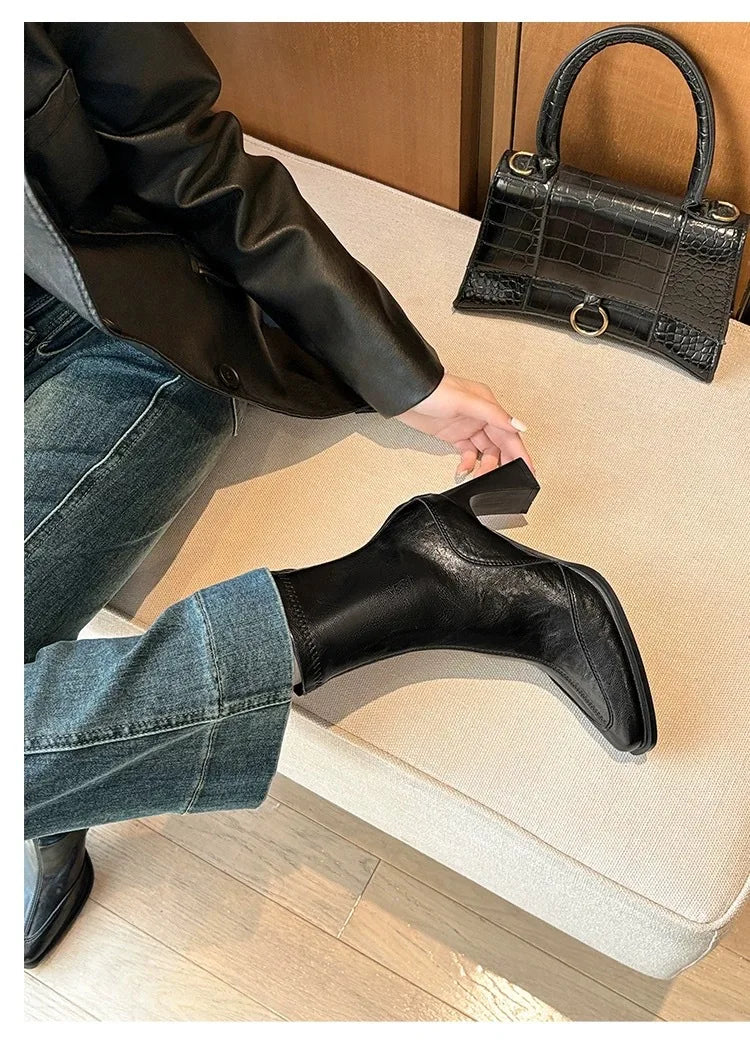 LBSFY -2025 Vintage High Heel Women Ankle Boots Fashion Square Toe Short Booties Autumn Winter Ladies Shoes Botas Mujer