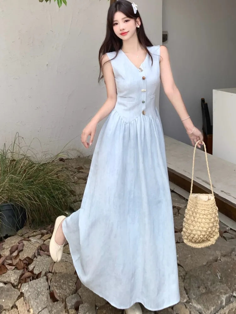 LBSFY -Women's French Fashion Elegant Long Dresses Summer Vintage V-Neck Single Breasted Slim Waist Dress 2025 New Basics Vestidos