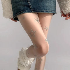 Lbsfy Y2k Star Diamond Rhinestone Fishnet Sexy Women Pantyhose Thigh High Stockings JK Lolita Girls Bling Underwear Pantyhose