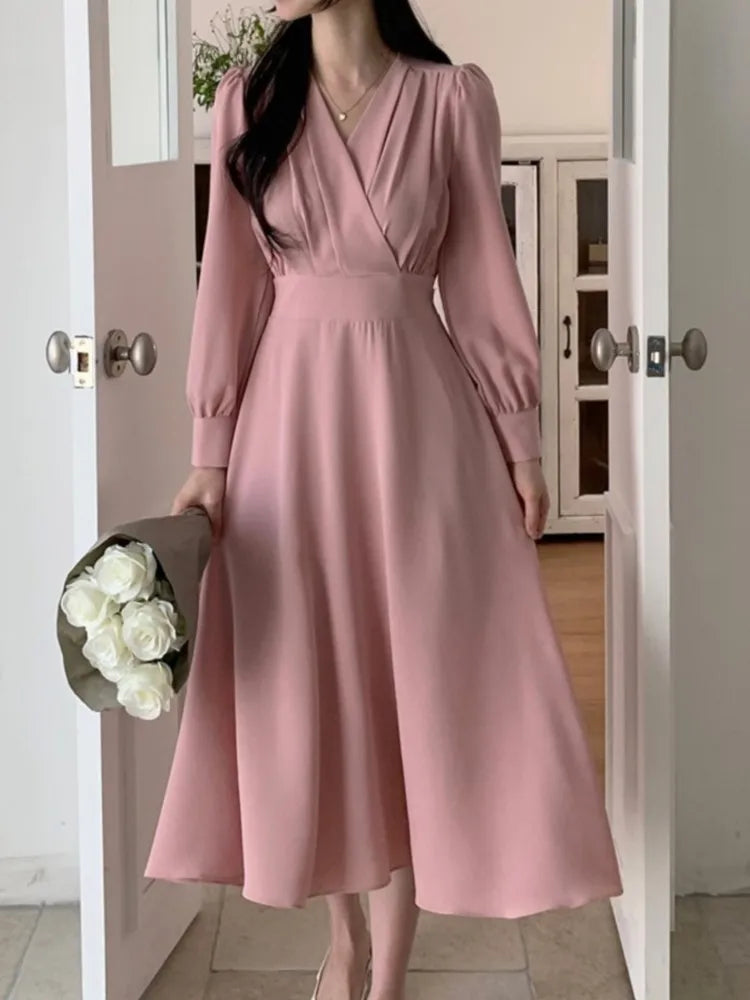 LBSFY -Korean Solid Midi Dresses for Women Fashion V-neck Long Sleeve A-line Solid Casual Dress Office Lady Clothing 2024 Autumn New