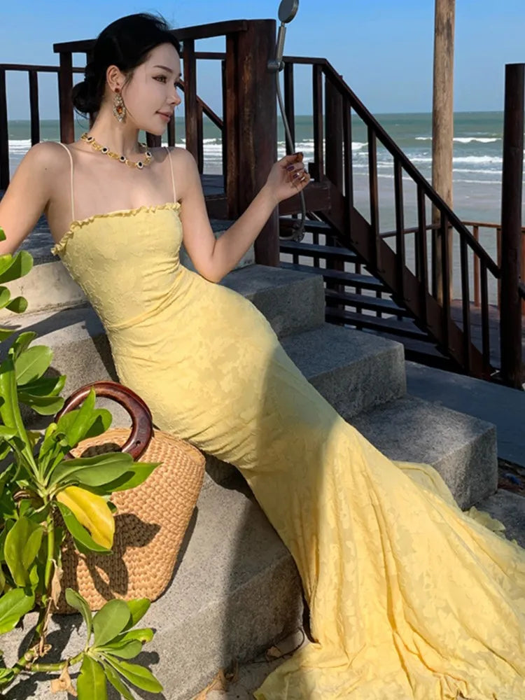LBSFY -Women's Sexy Elegant Bodycon Party Dress Summer Yellow Lace-up Evening Spaghetti Strap Dresses 2025 New Chic Beach Holiday Robe