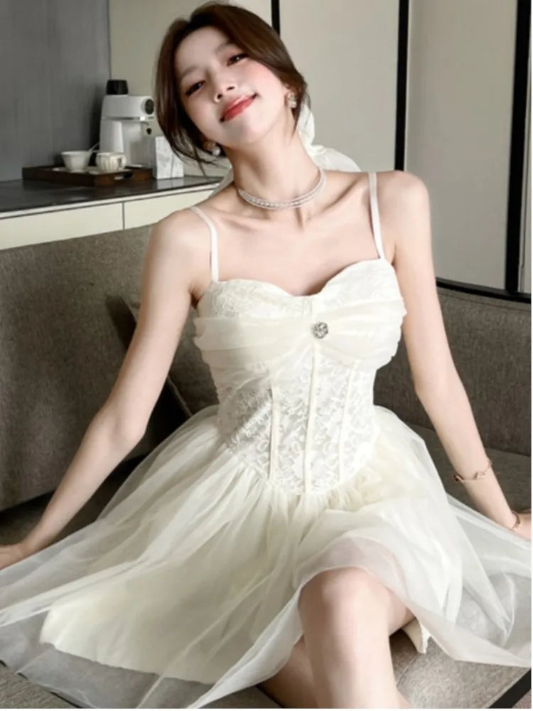 LBSFY -Summer Elegant Sweet Princess Dresses For Woman Spaghetti Strap Mesh A-Line Short Dress Birthday Party Evening Fashion New