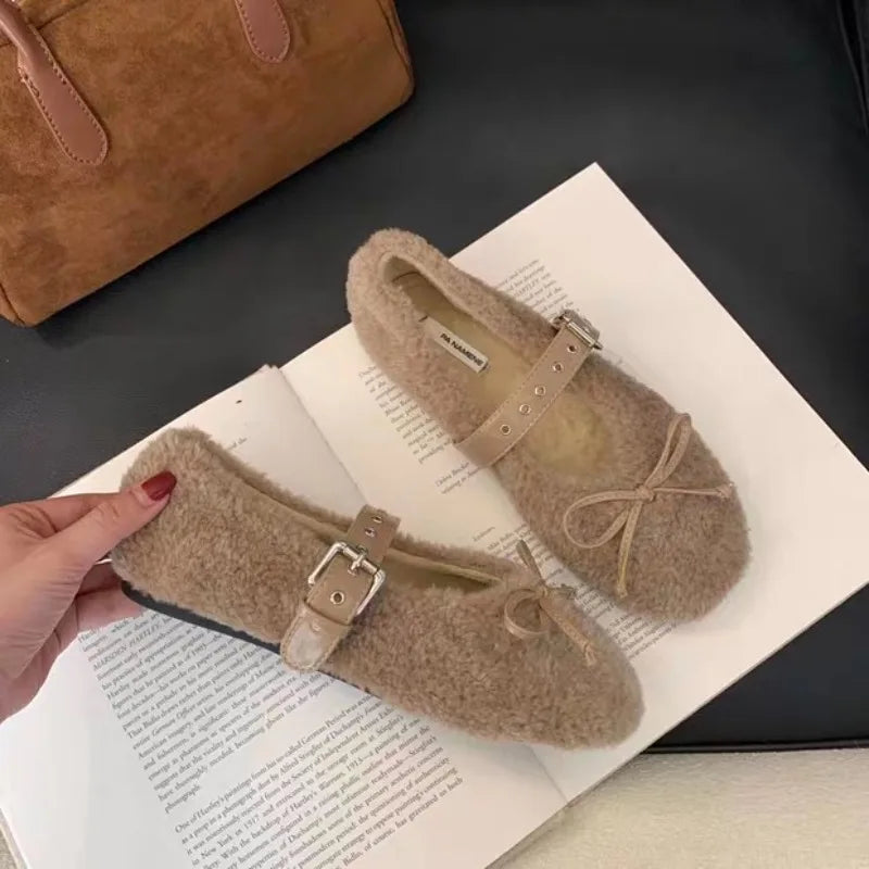 LBSFY -New Women's Shoes Woman Flats Low Heels Casual Female Sneakers Slip-on Loafers Fur Round Toe Shallow Mouth Boat Slip on Winter