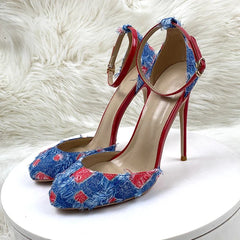 LBSFY  -  Sexy Designer Thin High Heels Women Round Toe Denim Striptease Party Banquet Shoes Height 12cm Hollow Luxury Brand Sandals Women