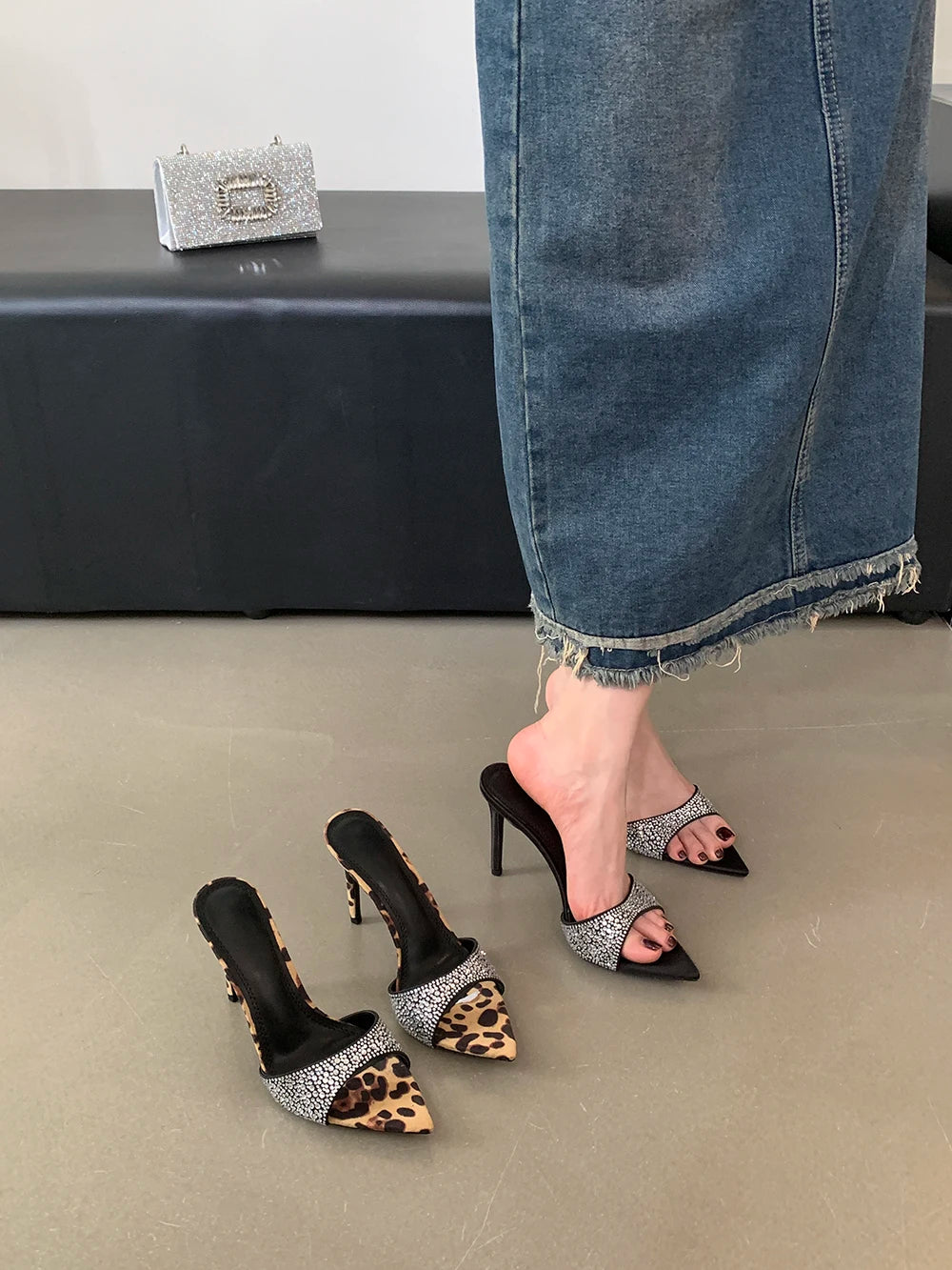 LBSFY  -  Open Toe Women Slides Slipper Summer Outside Thin High Heels Stiletto Party Pumps Stiletto Heeled Black Leopard Party Pumps