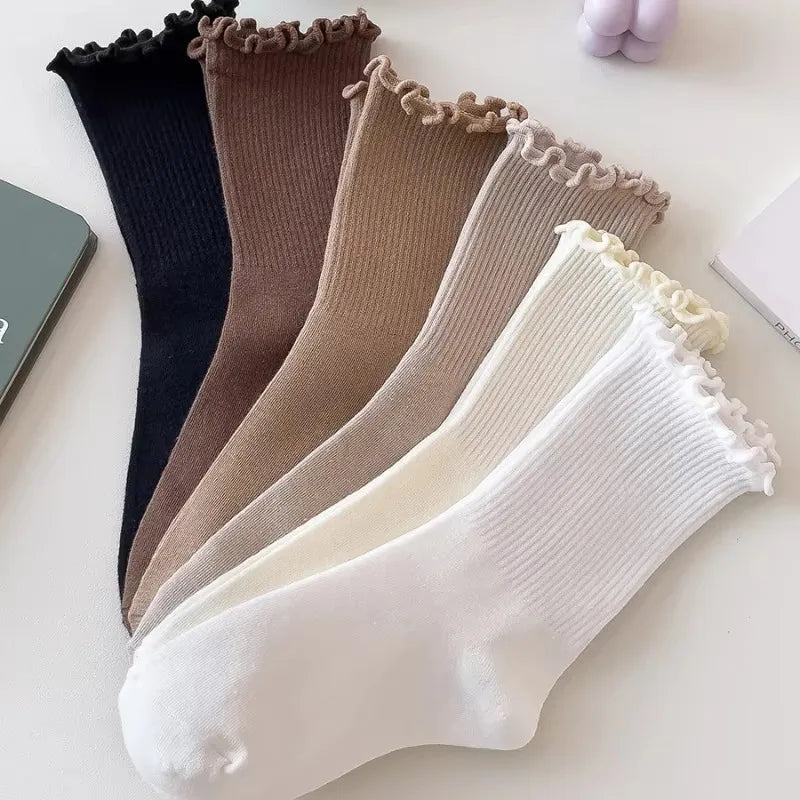 Lbsfy 1/3pairs Cute Cotton Ruffles Ankle Sock Women Autumn Black White Middle Tube Breathable Japanese Sock Lolita Kawaii Korean Stock