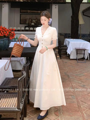 LBSFY -French Elegant Lace Long Dress Summer V-Neck Puff Sleeve Single Breasted Woman Dresses Office Lady Casual 2025 New Vestidos