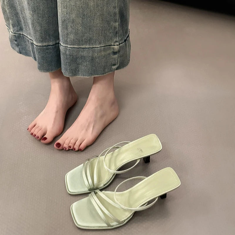 LBSFY  -  Designer Summer High Heel Women Slippers Fashion Open Toe Narrow Band Slides Outdoor Casual Office Lady Sandalias