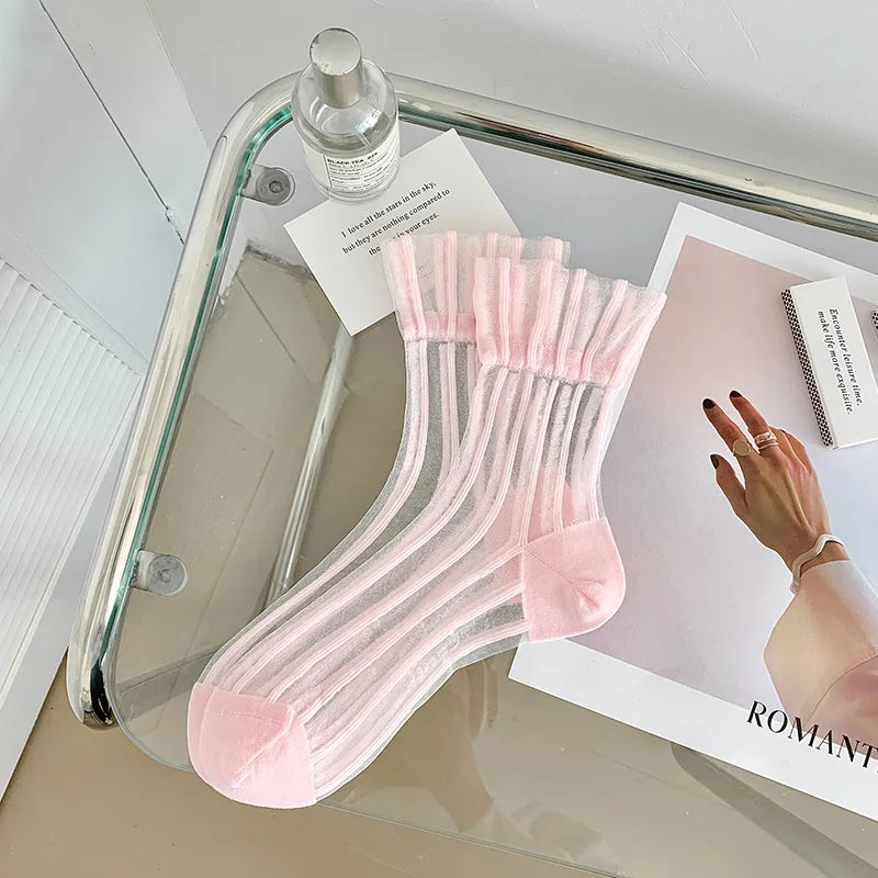 Lbsfy Sweet Lace Socks Women Girls Summer Mesh Crew Ankle Sock Crystal Vertical Stripes Stripes Streetwears Silk Ultra Thin Stockings