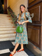 LBSFY  -  2025 Elegant Printed Pleated Hem Women's Midi Dress Fashion Puff Long Sleeves Round Collar Robe New Summer Vacation Lady Vestido