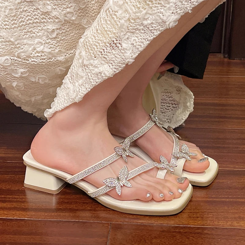 LBSFY  Fashion Silver Crystal Sandals Women Rhinestone Butterfly Thick Heel Sandles Woman Summer Med Heeled Party Shoes Female
