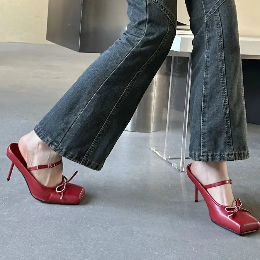 LBSFY  -   Women Mule High Heel Shoes Red Pu Leather Silppers Bow Summer Fashion Pumps Mule