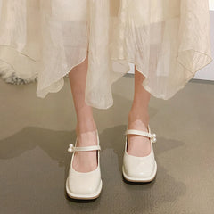 LBSFY  -  Mary Jane Shoes Women's Shoes 2024 Spring and Autumn New Retro Pearl Thick Heel Non-slip Square-toed Shoes