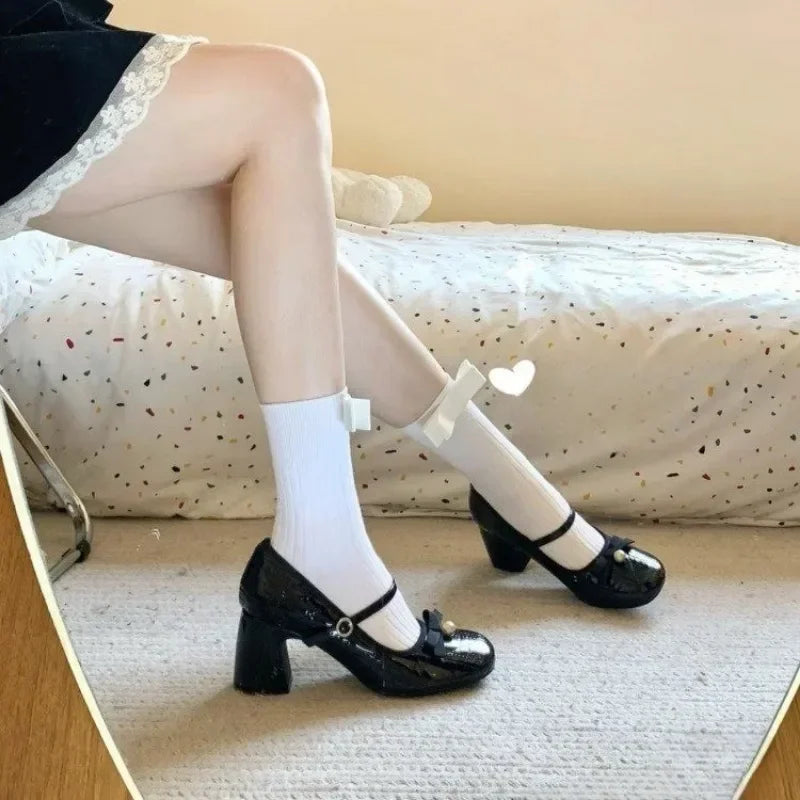 LBSFY -2025 Women's Bow Design Round Toe Low Heel Shoes Cute Girly Style Autum Pu Leather Mid-Heel Lolita Shoes
