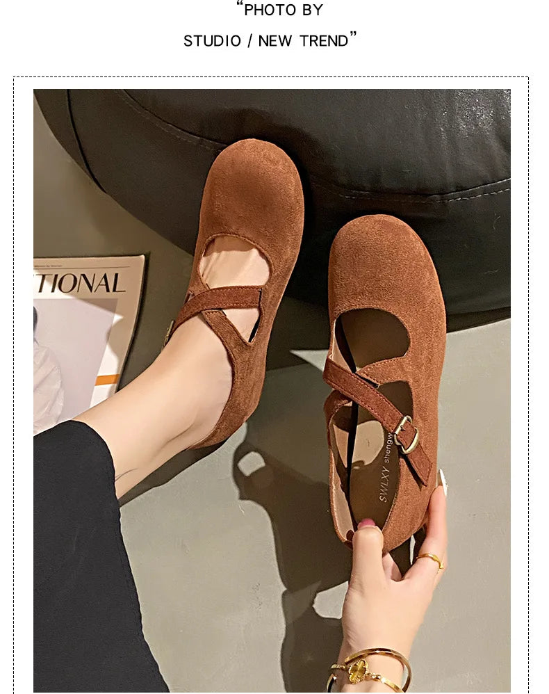 LBSFY -Retro Faux Suede Flat Internal Increase Women Dance Shoes 2025 Spring Autumn New French Casual Commuting Mary Jane Shoes Woman