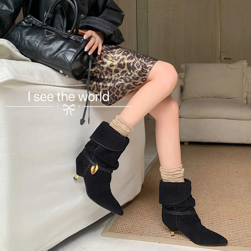 LBSFY  -  Fashion Short Boots Women's New High Quality Suede Boots Pointed Wrinkled High Heels Commuter Boots Calf Women Boots