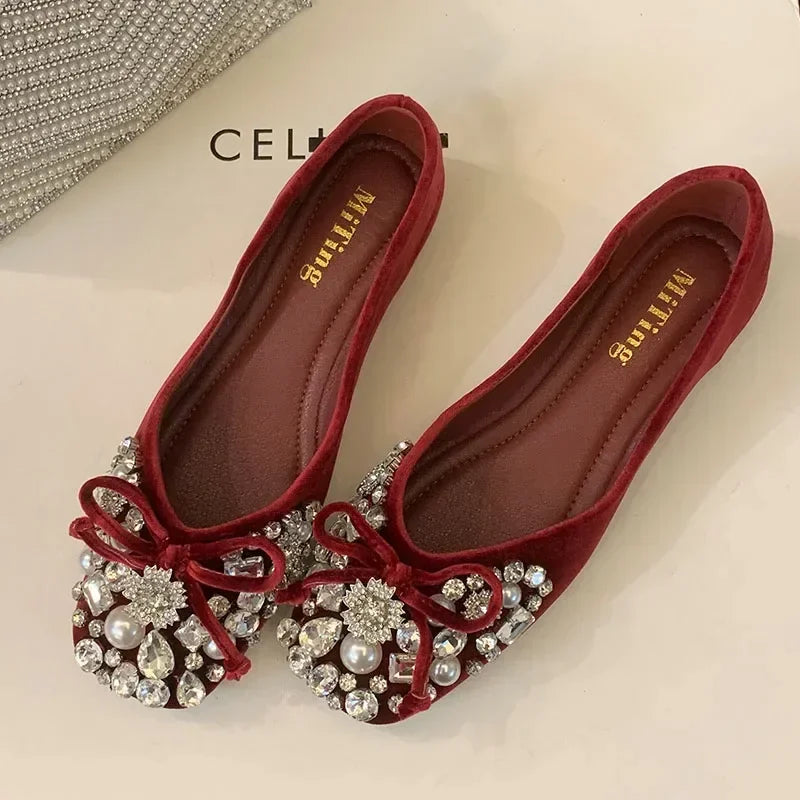 Lbsfy Crystal Pearl Designer Flat Women Shoes Comfort Soft Soled Dress Shoes Leisure Shiny Rhinestones Mules Shoes Zapatos De Mujer