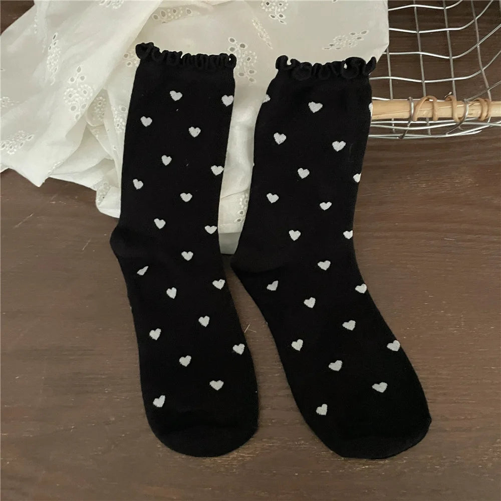 Lbsfy New Women Socks Cotton Ruffle Love Print Socks Middle Tube Autumn Spring Winter Sweet Style Socks Japanese Girls Socks