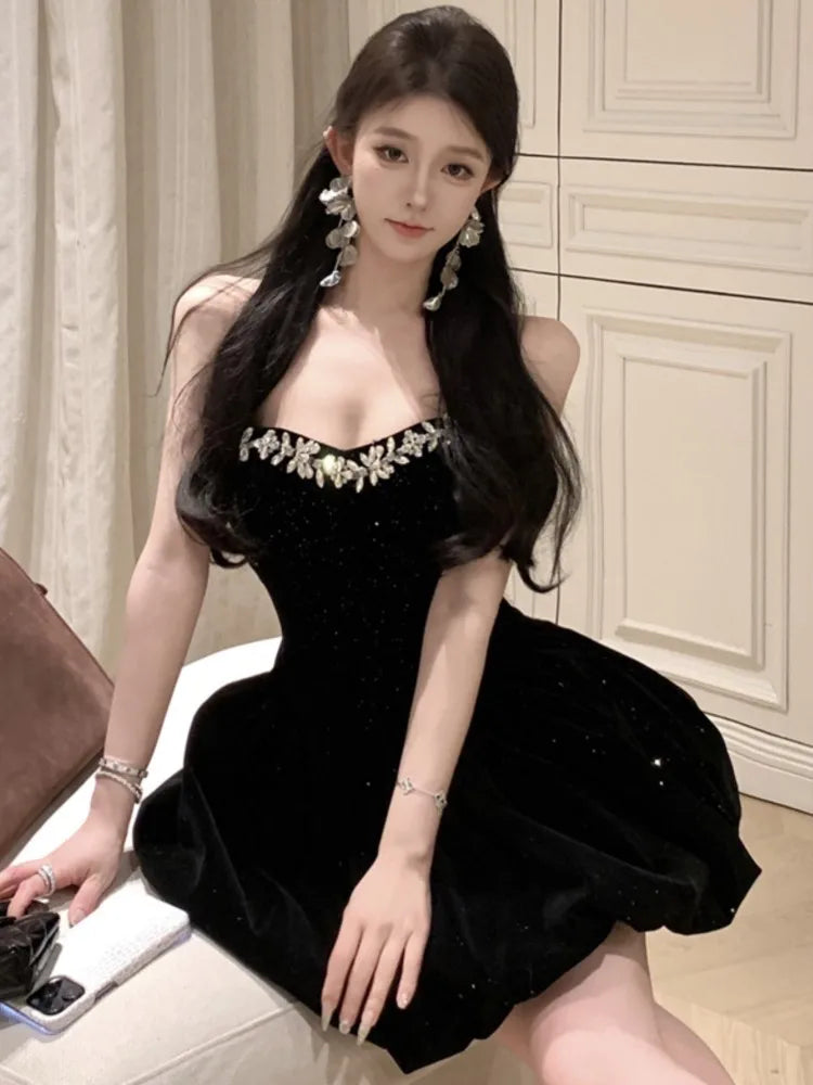 LBSFY -Black Velvet Womens Dresses Sexy Strapless Backless Wedding Party Mini Dress Slim Waist Prom A-Line Vestidos Female Clothes New