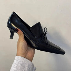 LBSFY  -  Black Square Toe Bowknot Shoes for Women Brand Designer Retro Mid-Heel Office Lady Pumps Genuine Leather Zapatos De Mujer
