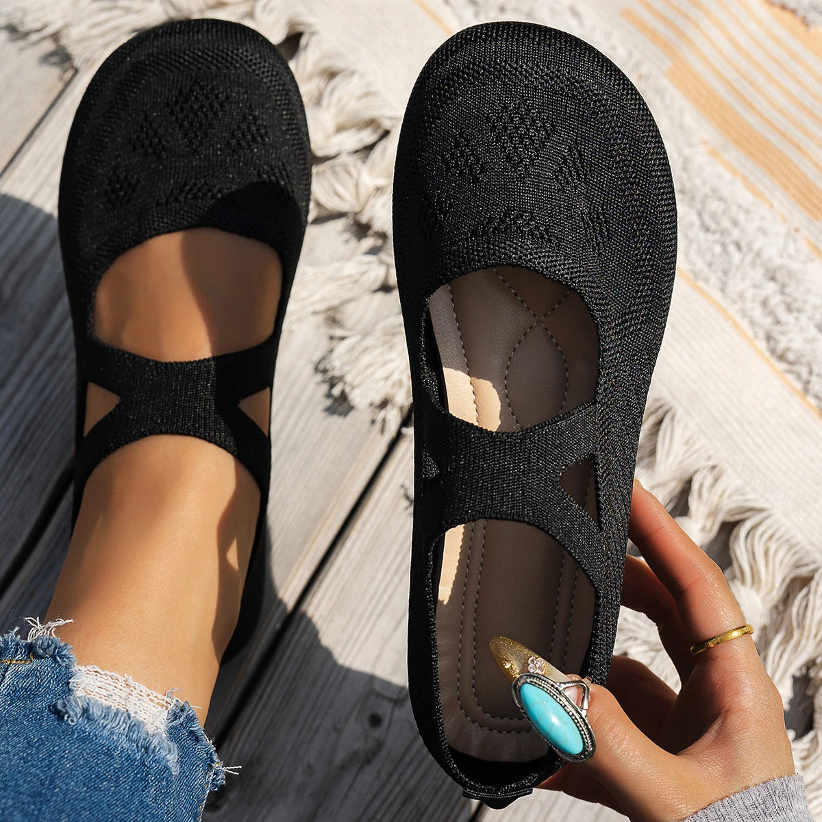 LBSFY -Round-toe Single Shoes Fairy-style Ballet Shoe Knitted Mary Jane Flat Knitted Single Shoes Walking Loafers Sneakers