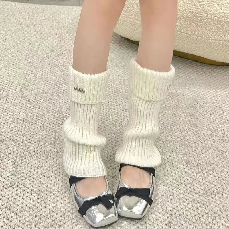 Lbsfy Leg Warmers Woman Autumn and Winter Knit Thick Warm Girls Lolita Socks Metal nameplate White Black Loose Leg Warmers