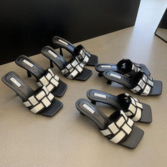 LBSFY  -  Weave Design Women Slippers Open Toe Summer Dress Shoes Thin High Heels Slides Slippers Party Pumps Wedding Black White 35-39