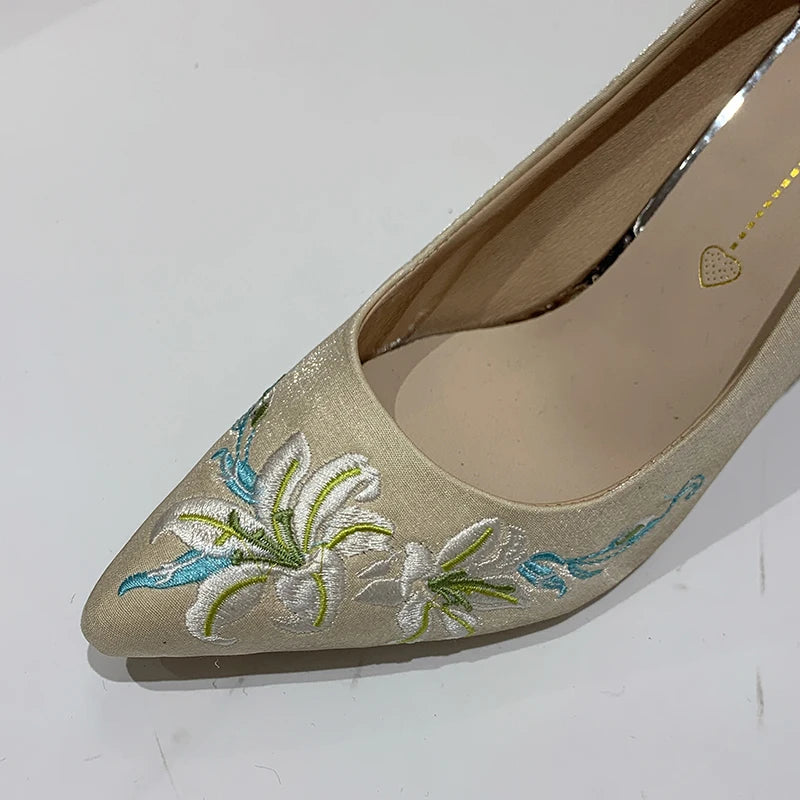 LBSFY  -  Slip-On Embroidery Thin Heel Pumps Women 2025 New Fashion Floral High Heels Shoes Woman Pointed Toe Embroider Party Shoes Ladies