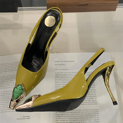 LBSFY -Spring Design Inlay Diamonds Woman Pumps Sexy Thin Low Heels Pointed Toe Elegant Slingbacks Prom Banquet Mules Shoes