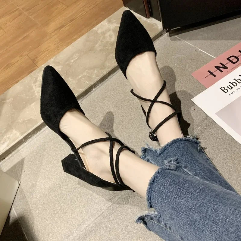 LBSFY -New Spring Autumn Women Heels Ankle Cross Strap Thick High Heel Sexy Female Shoes Casual Suede Black Pointed Toe Pumps