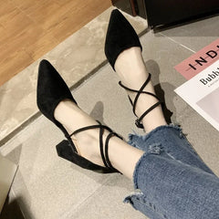 LBSFY -New Spring Autumn Women Heels Ankle Cross Strap Thick High Heel Sexy Female Shoes Casual Suede Black Pointed Toe Pumps