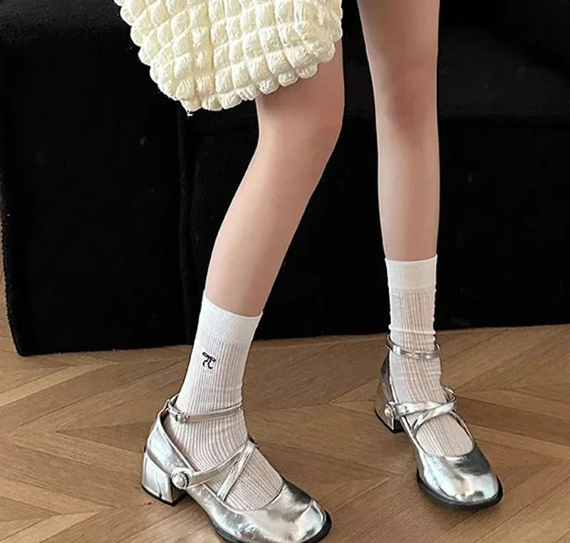 LBSFY -Ladies' Elegant  2025 Spring Style Women's Fashion One Line Buckle with Shallow Mouth Silver Mary Jane Single Shoes Square Heels